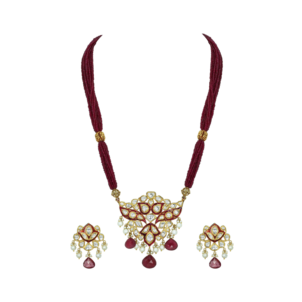 Red Enamel Polki Pendant Set with Tourmaline and Pearl Drops